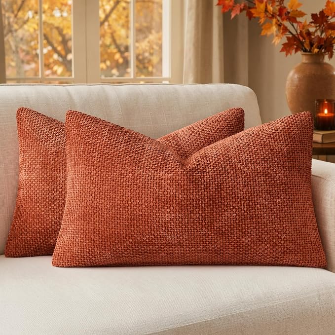 MIULEE Fall Decorative Lumbar Throw Pillow Covers 12x20 Burnt Orange 2 Pack | Modern Boho Accent, Soft Chenille Pillow Covers, Farmhouse Cushion Cases for Couch Bed Sofa Living Room Home Decor