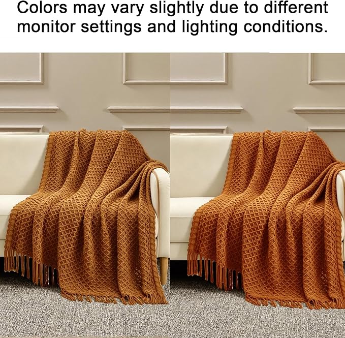 CREVENT Farmhouse Boho Knitted Throw Blanket for Couch Sofa Chair Bed Home Decoration, Soft Warm Cozy Light Weight for Spring Summer Fall (50''X60'' Caramel/Rust Burnt Orange)