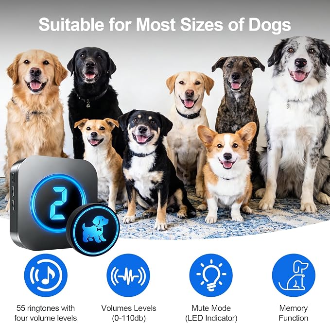 Dog Door Bell (2026 Wireless Receiver with Numeric Display) for Potty Training, Wireless Dog Doorbells to Go Outside, 1000 Feet Long Range, IP65 Waterproof, 60 Melodies & Adjustable Volume (2 Buttons)