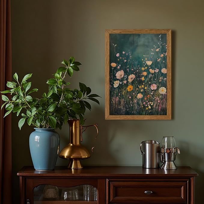JLTULT Vintage Floral Wall Art, Pink Wood-Framed Canvas, 16 x 24 In | Pink wildflower art on fade-resistant canvas with a ready-to-hang solid wood frame for bathroom, bedroom and farmhouse decor