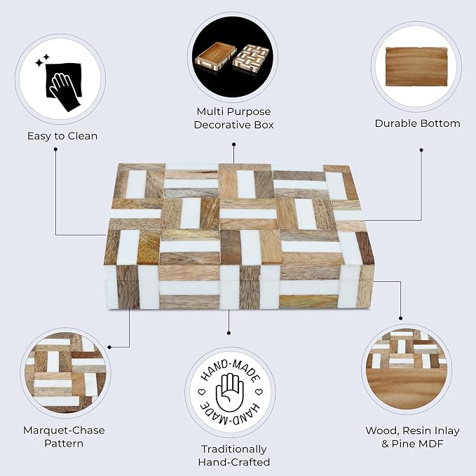 Handicrafts Home White Decorative Storage Box with Lid Wood Remote Control Box Coffee Table Storage Box Remote Holder for Living Room Decor – Resin Inlay Marquet Chase Collection - 8x5x2