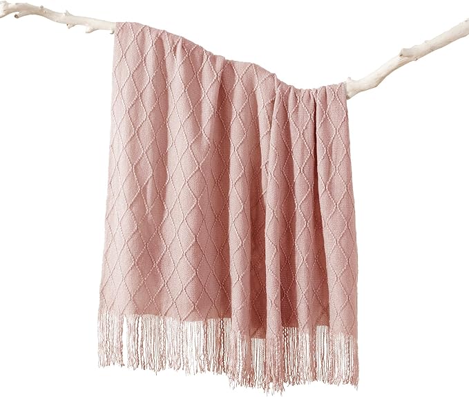 BATTILO HOME Blush Throw Blanket with Tassels, Pink Knit Blanket for Home Decor, Boho Style Textured Knitted Decorative Blanket for Couch, Sofa &Bed, 50"x60"