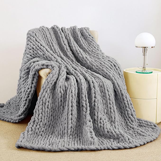 Chunky Knit Blanket Throw for Couch, 51"x63" Chunky Yarn Knitted Blankets | 100% Hand Knit Thick Chenille, Soft Breathable for Bed, Sofa, Home Decor, Cozy Gifts for Women Friends, Dark Gray