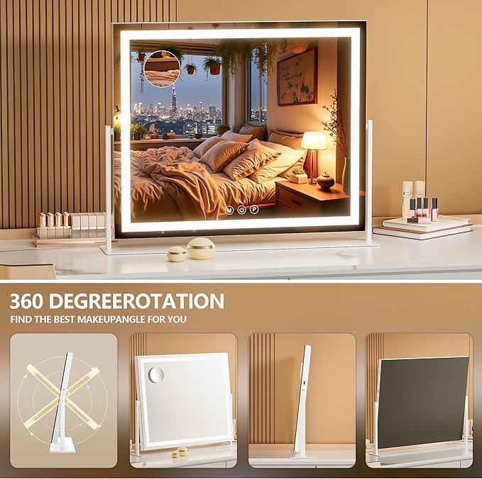 Vanity Mirror with Lights, 26'' x 22'' Lighted Makeup Mirror, Touch Screen with 3-Color Lighting, Dimmable for Vanity Desk Tabletop Square White
