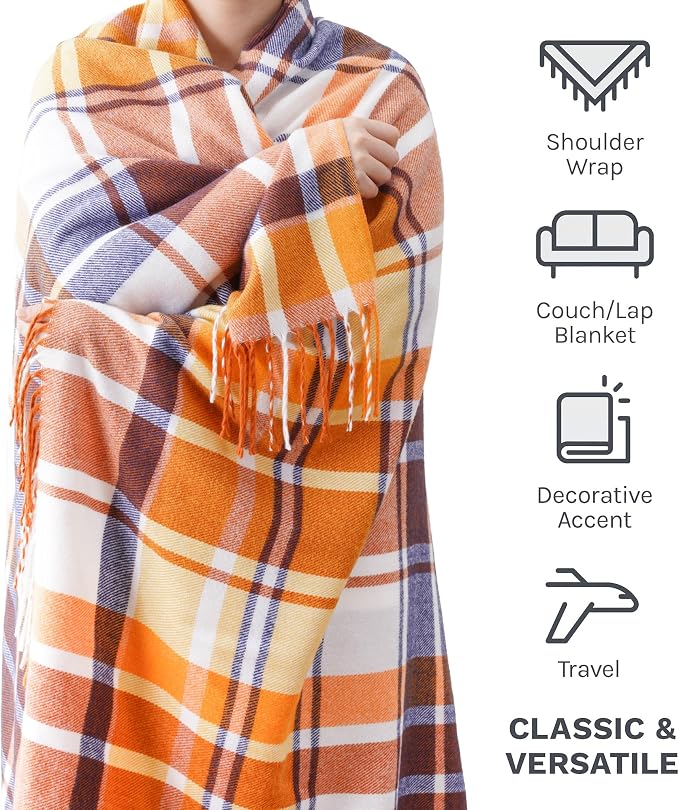 Fall Plaid Throw Blanket for Couch Bed, Mustard Throw Blanket, Fall Decor | 50x60in, Orange Fall Blanket, Woven Throw with Tassels, Buffalo Checkered Plaid Blankets and Throws Farmhouse Style for Home