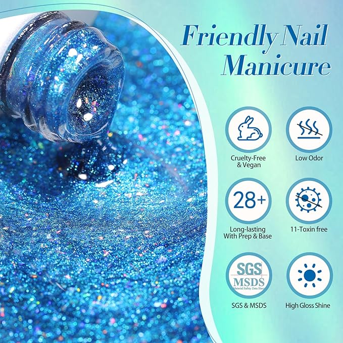 BORN PRETTY Blue Cat Magnetic Eye Gel Nail Polish Shimmer Glitter Holographic Aurora Blue Magnetic Gel Polish Nail Art Manicure DIY at Home 15ML