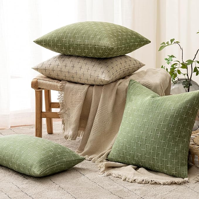 MIULEE Pack of 2 Decorative Burlap Linen Spring Throw Pillow Covers Farmhouse Pillowcases Modern Rustic Woven Textured Cushion Cover for Sofa Couch Bed 20x20 Inch Sage Green