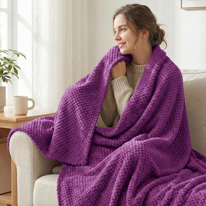 Exclusivo Mezcla Large Waffle Fleece Throw Blanket for Couch, Purple | Lightweight Soft Blanket for Sofa, Bed, Living Room, Plush Fluffy Throw for Home Decor, Travel, All Season, 50x70 Inches
