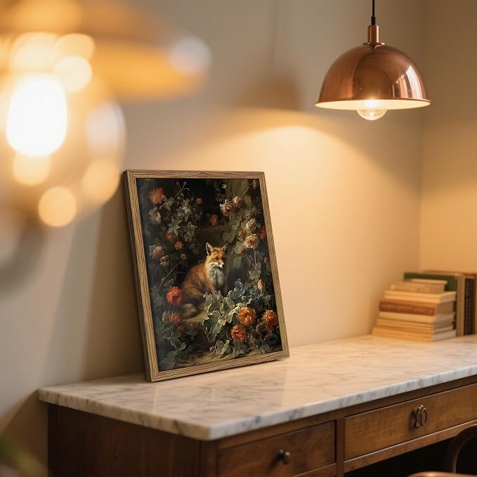 Framed Dark Academia Fox Canvas Wall Art, Sitting Fox Surrounded by Flowers, Elegant Vintage Botanical Poster, Fine Art Print for Living Room Bedroom Study – Dark Wooden Frame 16x24in