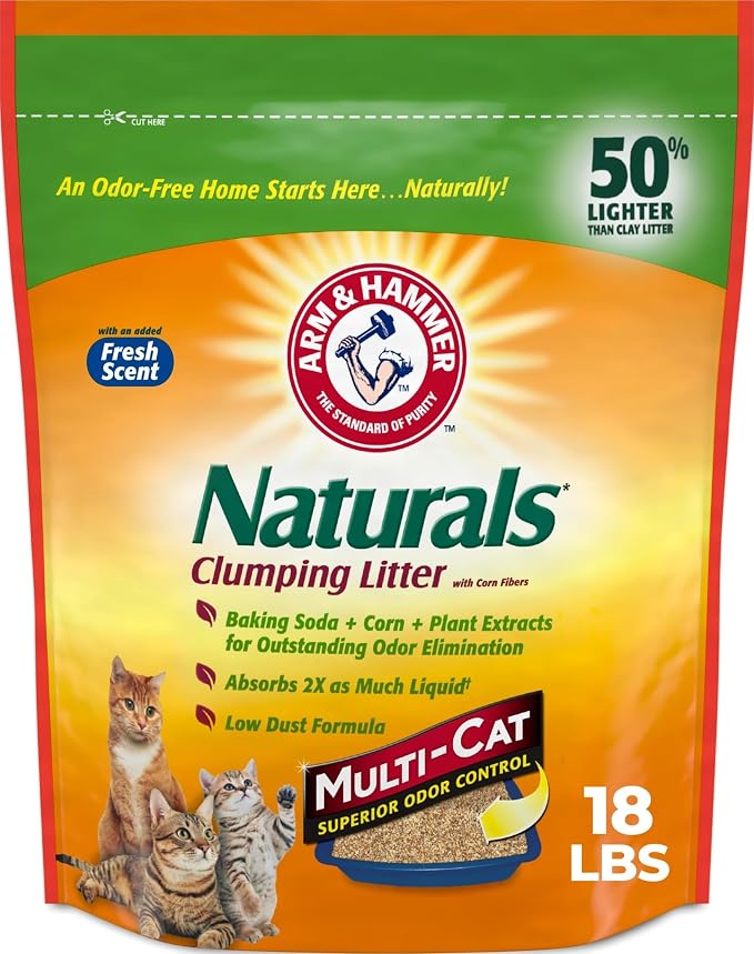 ARM & HAMMER Naturals Clumping Cat Litter, Multi Cat, 18 lbs | Plant-Based, Easy Scoop Clumps, Outstanding Odor Control, 2X Liquid Absorption, Low Dust, Lightweight Formula