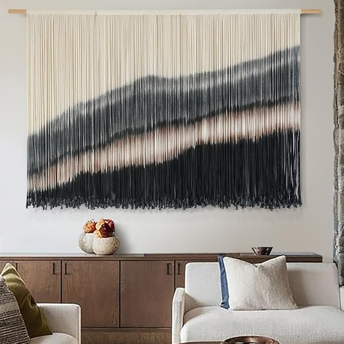 Jakalin Macrame Wall Hanging Black Dip Dye Fiber Tapestry Handmade 57"x35" | Fiber Yarn Wall Art,Craftsmanship,Hand-dip Dyed, Boho Style to Bedrooms, Living Rooms, Nursery ,Couch,or Entryways.