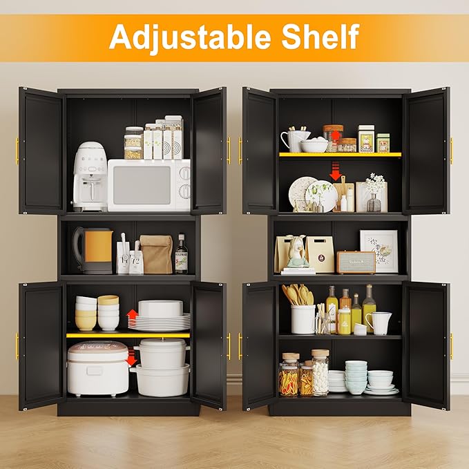 Black Metal Pantry Cabinet with 4 Doors, 2 Adjustable Shelves, 61" H Garage Storage Cabinet for for Home Office, Living Room, Dinning Room