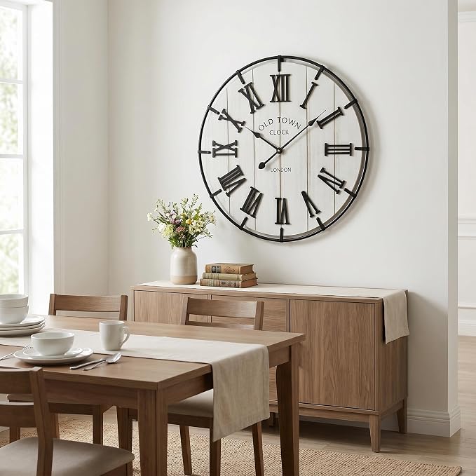 EMAX HOMELarge 24 Inch Farmhouse Style Wall Clock, Distressed Wood Look, Non-Ticking Quartz Movement, Classic Black Roman Numerals and Metal Frame, for Living Room Wall, Bedroom