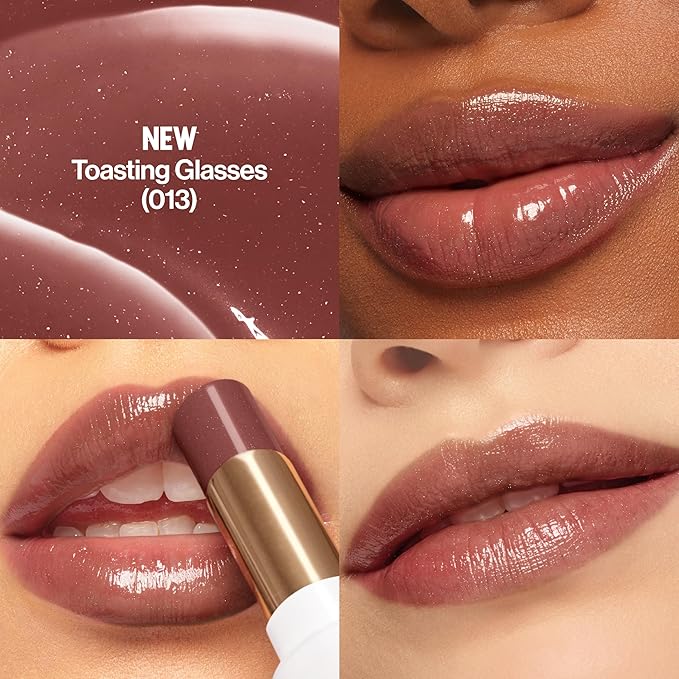 REVLON Super Lustrous Glass Shine Balm, Hydrating Tinted Lip Balm with Hyaluronic Acid, Aloe & Rose Quartz, Light-Medium Brown Lipstick, NEW Shade, 013 Toasting Glasses, 0.11 oz