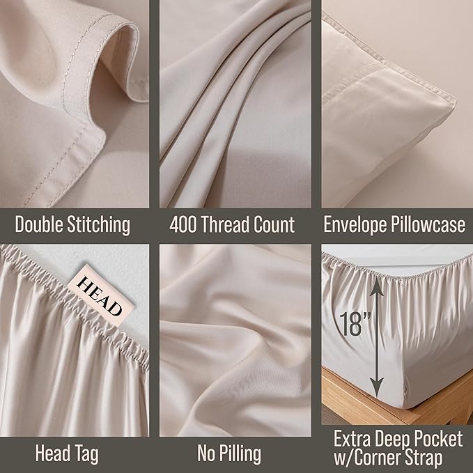 Bella Coterie Luxury Bamboo Viscose Queen Size Sheet Set | 100% Organically Grown | Ultra Soft | Cooling for Hot Sleepers | 18" Deep Pocket [Dune]