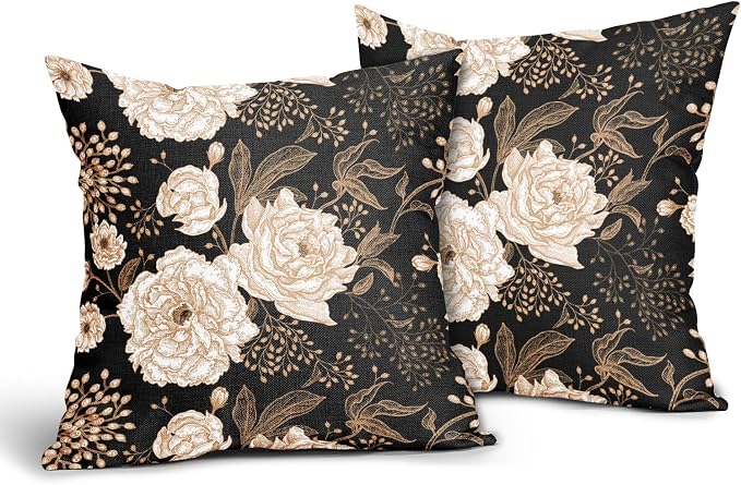 Vintage Peony Roses Floral Plant Pillow Covers 18X18 Inch Set of 2 Chinoiserie White Flower Leaves Decorative Pillow Cases Black Gold Cushion Case Vintage Home Decor for Sofa Couch Outdoor