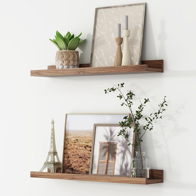 Picture Ledge Shelf, Floating Shelves for Wall, 24" W Set of 2, Walnut | FSC Certified Engineered Wood, Wall Mounted Bookshelf, for Nursery Living Room Bedroom, Pre-Drilled, Easy Install