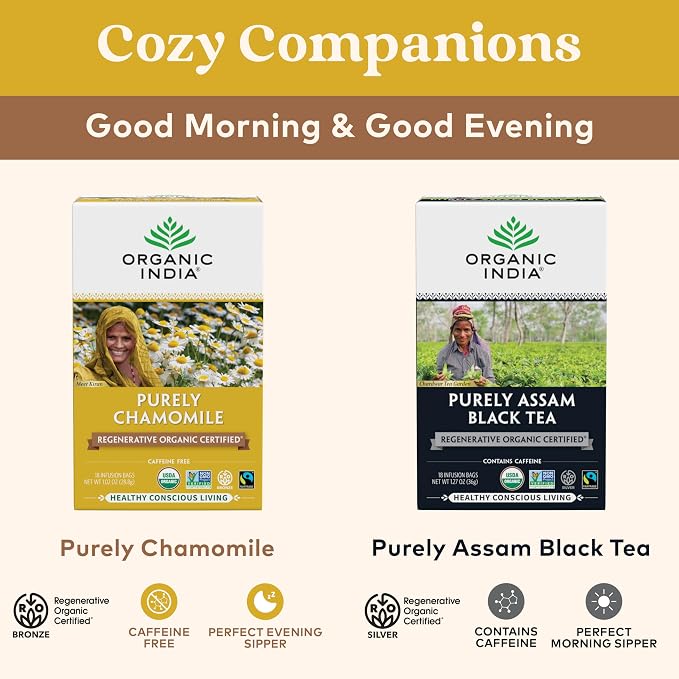 Organic India Purely Chamomile Tea - Regenerative Organic Chamomile Flowers, Caffeine Free, Calming & Relaxing Herbal Tea, Natural Support for Sleep & Relaxation - 18 Bags, Pack of 3