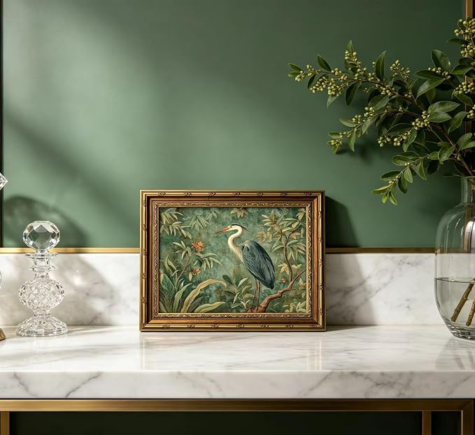 Vintage Gold Framed Canvas Wall Art Blue Heron Nature Wildlifate Painting Picture Wall Decor Botanical Birds Poster Print Artwork for Living Room Bedroom Office Home Decoration