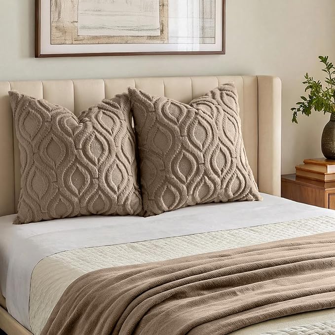 decorUhome Faux Fur Soft Light Brown Throw Pillow Covers 20x20 Set of 2 | Plush Solid Fall Couch Pillow Covers, Accent Modern Farmhouse Neutral Decorative Square Pillow Cases for Sofa Bed Living Room