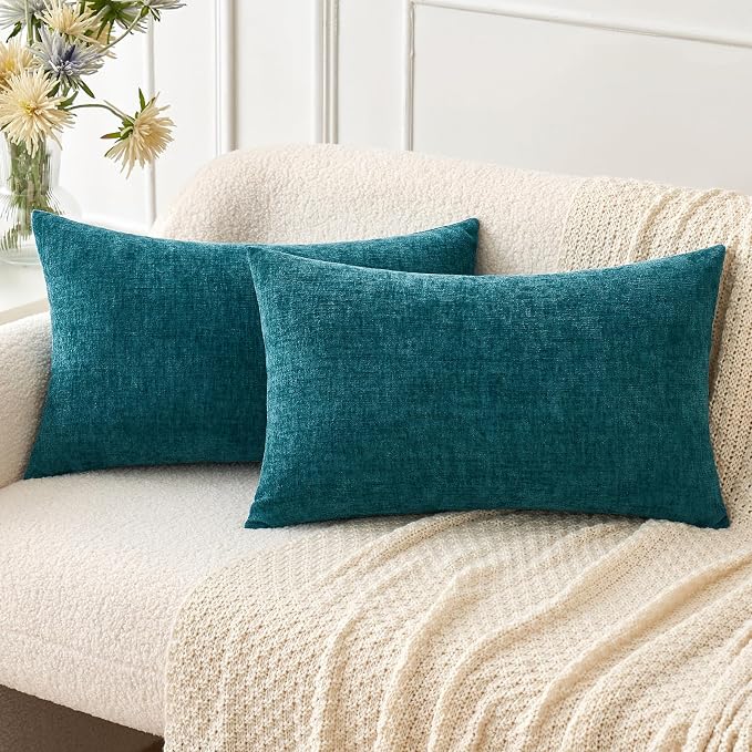 MIULEE Soft Chenille Lumbar Throw Pillow Covers Dark Teal 12x20 Pack of 2 | Modern Coastal Home Decor, Classic Decorative Pillows, Solid Dyed Cases, Boho Couch Cushion Covers for Sofa Bed Living Room