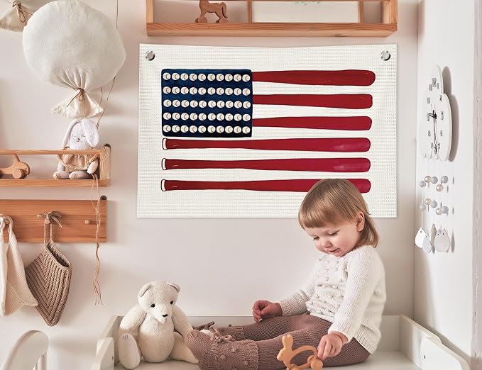 Vintage Sports Baseball Wall Art Decor Canvas Banner | Retro Baseball Wall Decorations for Boys Room Nursery Bedroom Playroom, Base Ball Bat American Flag Banner, 30x20 in