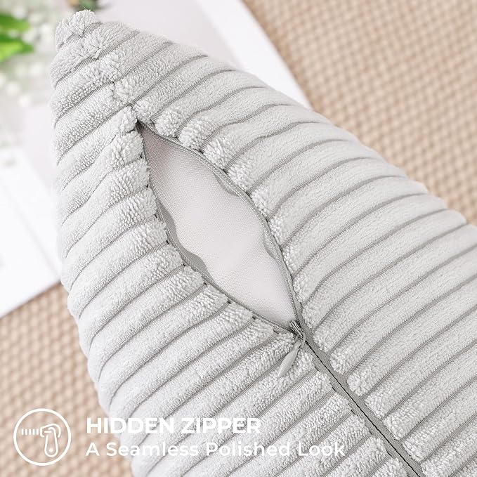 Mecatny Corduroy Decorative Throw Pillow Covers 16x16 Set of 2 Grey | Soft Striped Texture, Hidden Zipper Design, Neutral Boho Square Pillow Cases for Sofa Couch Living Room Bedroom, Home Décor