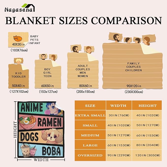 Anime Blanket Gifts for Girls - Kawaii Decor for Women, Ramen Dogs Boba Flannel Blanket - Luxurious Warm and Cozy XL 90x120 Inch for Family