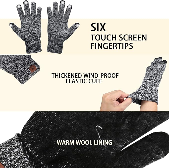 Winter Warm Beanie Hat Touchscreen Gloves Set, Soft Skull Cap Gloves Set for Men and Women with Warm Knit Fleece Lined