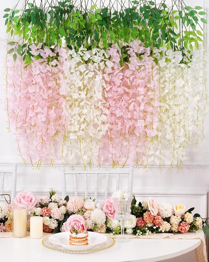 36 Pack Wisteria Hanging Flowers, White Light Pink Wisteria Artificial Flowers, 3.6 Feet/Pcs Fake Flowers Garland Vines for Bedroom Wedding Home Party Wall Decoration