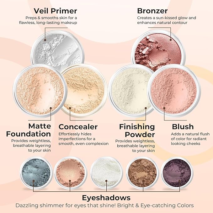 ULTIMATE KIT (PINK BISQUE) Full Size Mineral Makeup Set Matte Foundation Kit Bare Face Sheer Powder Cover