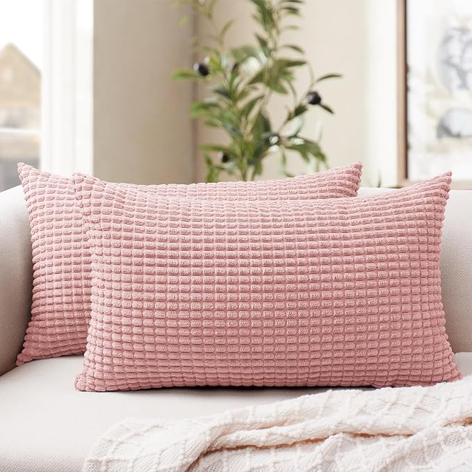 Softalker Corduroy Decorative Throw Pillow Covers 12x20, Set of 2, Pink | Soft Boho Striped Pillow Cases, Couch Fluffy Cushion Covers for Farmhouse Home Decor Bed Living Room