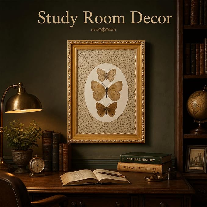 Vintage Butterfly Specimen Wall Art, Gold Framed Canvas Print | Vintage butterfly specimen wall art with gold frame, suitable for study room, office, and gallery wall decoration.