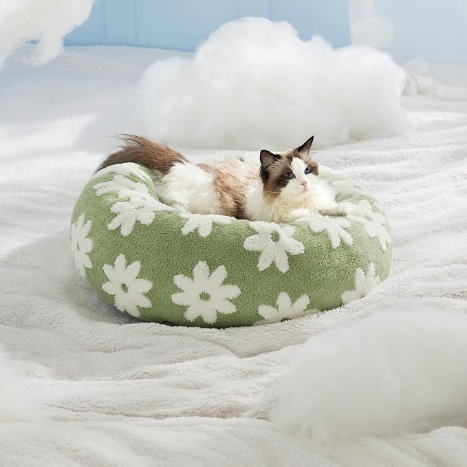 LE SURE Shown on TV Jacquard Donut Cute Cat Beds Indoor,Green 20x20x6in | Orthopedic Calming Small Dog Bed,Original Design Pattern,Washable Cover, Home Decor as Gift for Pet,Anti Slip Bottom