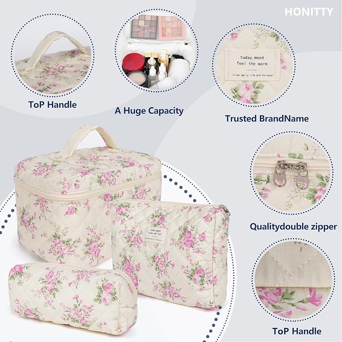 honitty Makeup Bag,Quilted Cosmetic Bags,Large Floral Make Up Organize bag,Makeup Bag Set for Women,Flower Travel Toiletry Bag