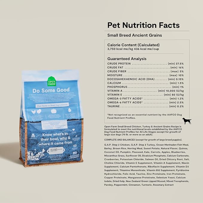 Open Farm Ancient Grains Dry Dog Food, Small Breed Kibble, 4lb Bag | All Life Stages, Small Breed Sizes, Protein-Rich & Nutrient Dense, 100% Traceable Ingredients, Non-GMO Fruits & Veggies.