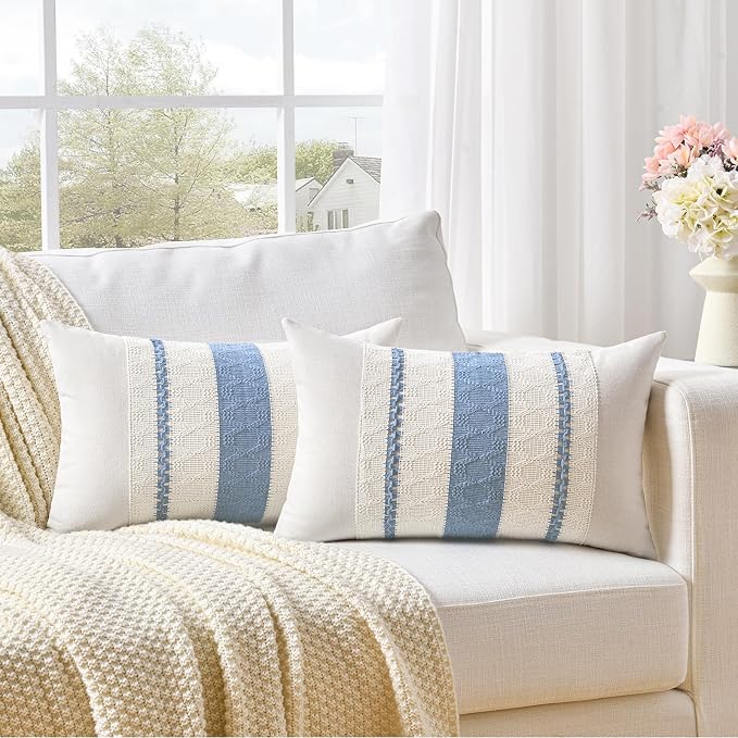 Fancy Homi Set of 1 Boho Light Blue Lumbar Decorative Throw Pillow Cover 12x20 Inch for Couch Bed Sofa Chair, Modern Organic Farmhouse Home Decor, Soft Cotton Cute Accent Rectangle Cushion Case