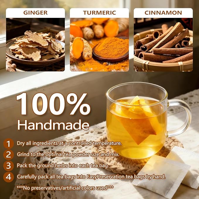60 Premium Turmeric Ginger Cinnamon Tea, Natural Turmeric Ginger Herbal Tea, Digestive Support, Vegan, Sugar Free, Caffeine Free