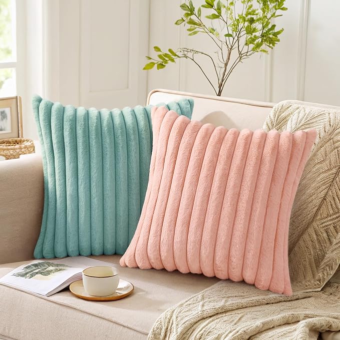 Pallene Faux Fur Decorative Throw Pillow Covers 18x18 Set of 2, Pink | Luxury Plush Texture, Striped Design, Cozy Soft Touch, Modern Home Accent Decor for Couch, Sofa, Bed, Living Room