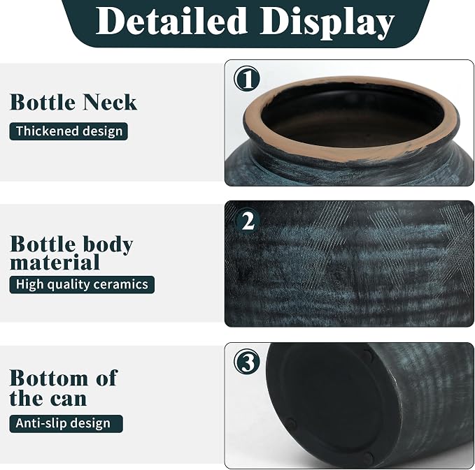 14.17" Blue Ceramic Vase, Rustic Farmhouse Living Room Home Decor | Artisan Handcrafted Large Ceramic Vase