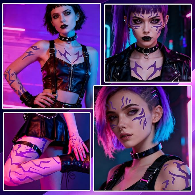 12 Sheets Cosplay Purple Temporary Tattoos，Dance Fake Tattoos Stickers for Cosplay, Halloween, Music Festival, Dance Party Makeup, Fantasy Creature Design, Fantasy Theme Costume Accessories