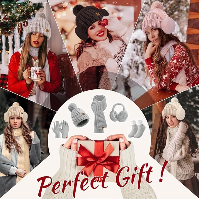 Yusongirl Winter Women Scarf Gloves Beanie Ear Muffs Socks Set Cold Weather Warm Knit Hat Fleece Long Neck Warmer 5 in 1 Set