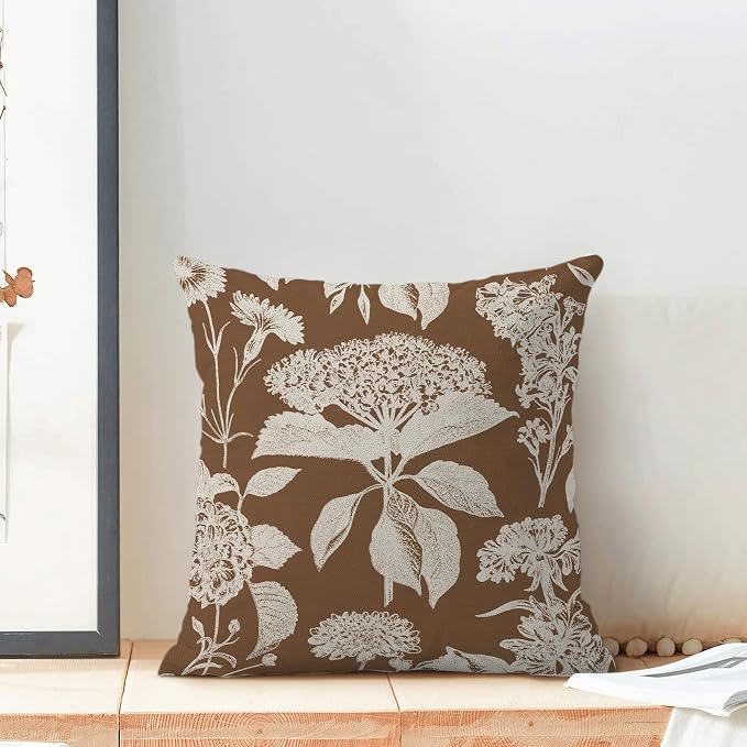 Floral Pillow Covers 18x18 Set of 2 Brown Beige Hydrangea Herbs Botanical Throw Pillow Cover Outdoor Decor Vintage Boho Flower Pillowcase Farmhouse Decorative Cushion Case for Home Couch Sofa
