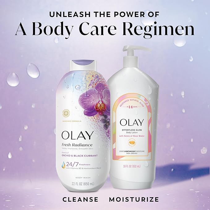 Olay Body Wash for Women, Fresh Radiance, 24/7 Skin-Loving Freshness, Visibly Radiant, Plant Based Cleansers, Vitamin B3 & Antioxidant Blend, For All Skin Types, Orchid & Black Currant Scent, 22 fl oz