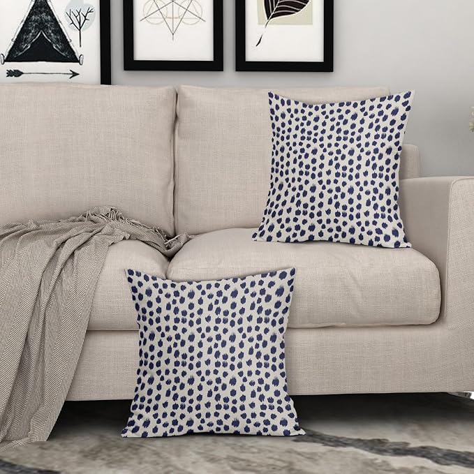 Navy Blue Cream Polka Dot Pillow Covers 24x24 Set of 2 Outdoor Modern Art Throw Pillows Boho Design Brush Strokes Decorative Pillowcase Square Cushion Cover Linen Pillow Case for Home Sofa Couch Bed