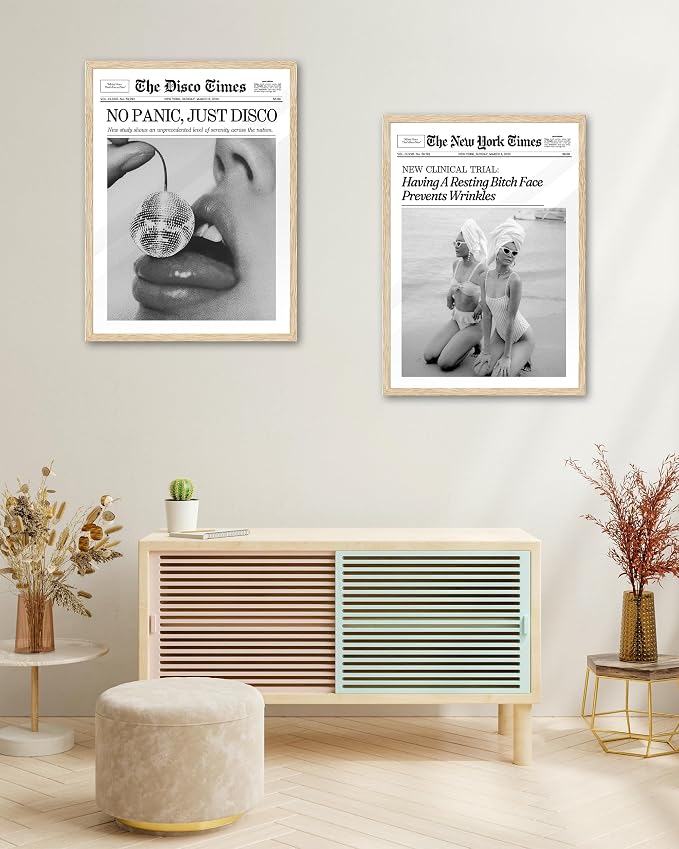iHery 12x16in No Panic Just Disco Framed Newspaper Wall Art | Natural OAK Wood Frame with Canvas Print, Retro Disco Ball Decor for Bedroom, Girl Dorm, Living Room and Home, 1Pack