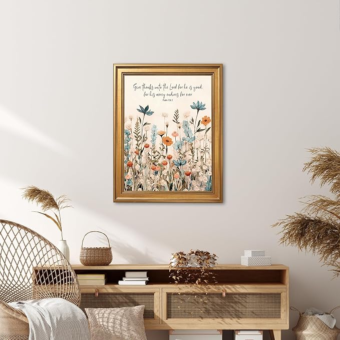 Framed Christian Scripture Wall Art Painting Give Thanks to the Lord Psalm 1361 Floral Print Inspirational Bible Verse Picture Poster Wildflower Faith Decor Canvas Artwork for Home Office 16x24inch