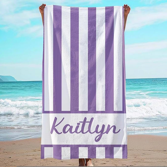 JML Personalized Beach Towel with Name, Custom Cabana Stripe Beach Towel, Customized Microfiber Pool Towel, Quick Dry & Absorbent Swim Towel for Adult,Anniversary, Birthday, Summer Holiday,Vacation