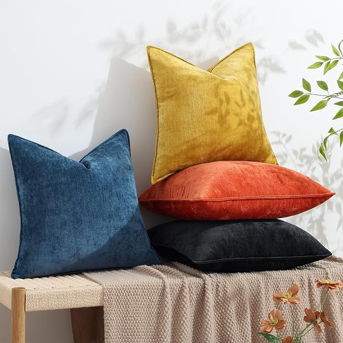 decorUhome Chenille Black Velvet Throw Pillow Covers 26x26 Set of 2 | Fall Soft Euro Sham Couch Decorative Modern Farmhouse Pillow Cases with Elegant Design for Sofa Bed Living Room Home Decor