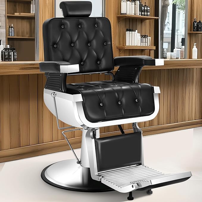Vintage Recline Barber Chair, Salon Styling Chair for Barbershop w/Adjustable Footrest, Hairdresser Chairs for Barbershop, Professional Salon Beauty Spa Shampoo Tattoo Equipment, Black